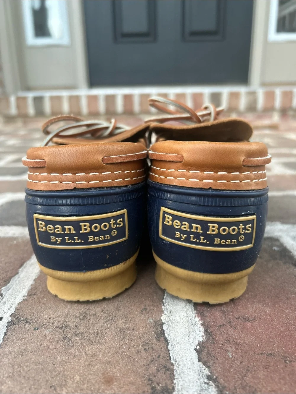LL Bean Duck Boot Shoes Navy Blue Tan Leather Classic Rain Winter USA 6